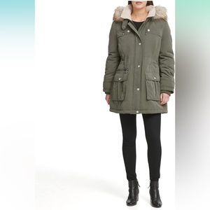 DKNY Women's Faux Fur Trim Hooded Anorak Jacket